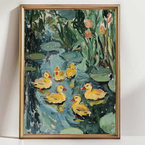 Ducklings in Lily Pond Art Print – Whimsical Baby Ducks Painting, Cottagecore Nursery Wall Decor