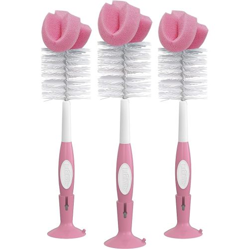 Dr. Brown's Reusable Sponge Baby Bottle Cleaning Brush Set with Suction Cup Stand, Scrubber and Nipple Cleaner, Pink, 3 Pack