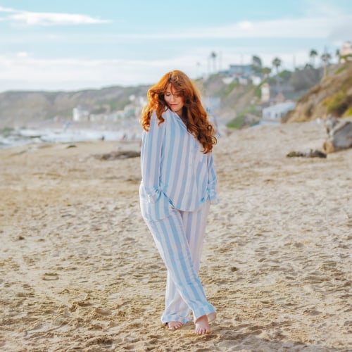 Long-Sleeved Women's Pajama Set in Big Mist Stripe with Cloud Trim