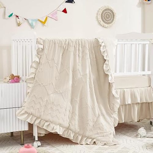 3-Piece Tufted Ruffle Crib Bedding Set for Girls - Ultra Soft Baby Bedding Set Includes Boho Crib Comforter, Sheet & Skirt (Beige)