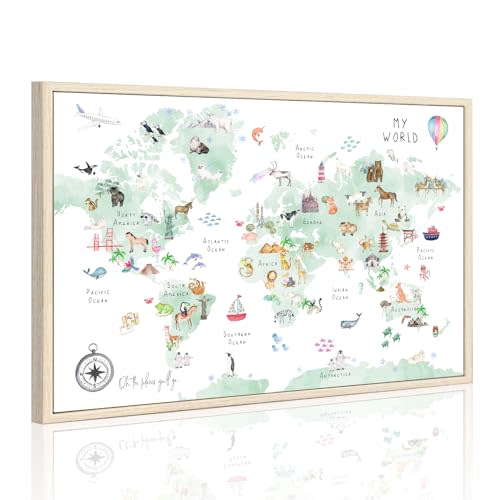 Green Kids World Map Wall Art Animal Map Canvas Art Nursery Wall Decor World Map Poster Childrens Room Decor Playroom Prints Educational Artwork 16x24 Inch framed