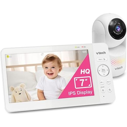 VTech Baby Monitor No WiFi, 7" IPS Screen, 5000mAh 12Hr Battery, 360° PTZ, 4X Zoom, Night Vision, Night Light, 2-Way Talk, White | Advanced HQ Max