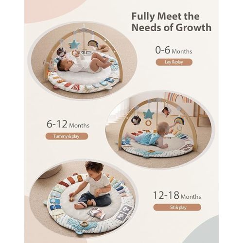 Blissful Diary Baby Play Gym & Activity Mat, 5 Developmental Zones Wooden Tummy Time Mat with 6 Detachable Sensory Toys for Motor Skills & Sensory Development, Baby Essentials Shower Gift