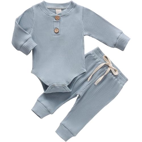 Newborn Baby Boy Girl Clothes Ribbed Knitted Cotton Long Sleeve Romper Long Pants Solid Color Fall Winter Outfits (A- Blue, 3-6 Months)