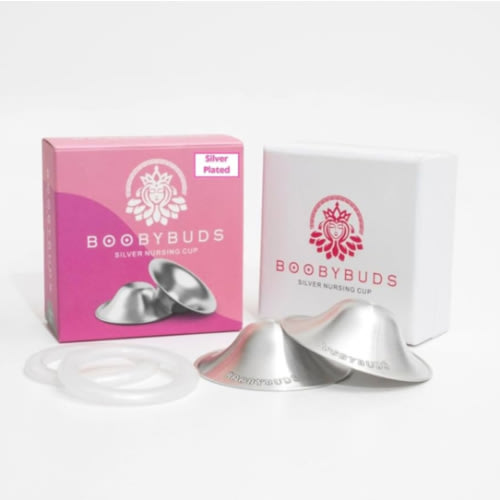 BoobyBuds The Original Silver Nursing Cups - Nipple Shields for Nursing Newborns - 999 Silver - Universal Fit - Nipple Comfort Cups for Breastfeeding Trilaminate Silver Silicone