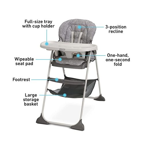 Graco Slim Snacker Baby High Chair, Ultra Compact Folding High Chair, Portable High Chair with Large Storage Basket, Whisk