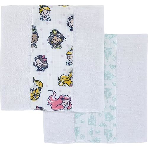Disney Princess White, Pink, Yellow, and Aqua 2Pk 100% Cotton Muslin Burp Cloths