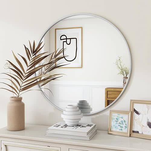 BEAUTYPEAK Circle Mirror White 24 Inch Wall Mounted Round Mirror with Brushed Metal Frame for Bathroom, Vanity, Living Room, Bedroom, Entryway Wall Decor (White, 24 Inches)