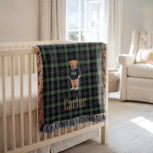 Personalized Polo Teddy Bear Plaid Blanket | Tartan Polo Woven Throw with Bear Motif | Nursery Throw