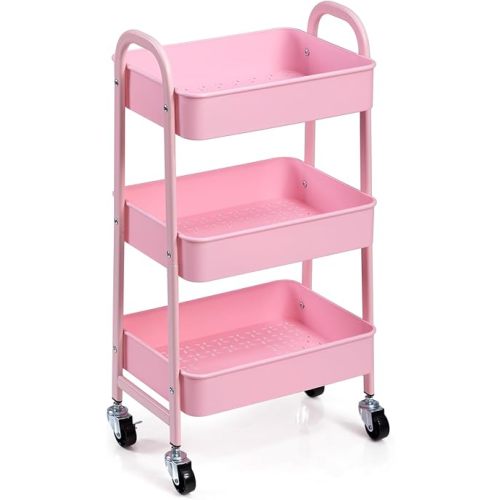 AGTEK 3-Tier Rolling Carts with Wheels, Rolling Utility Cart with Iron Frame for Kitchen, Plastic Shelves, Living Room, Office, Pink