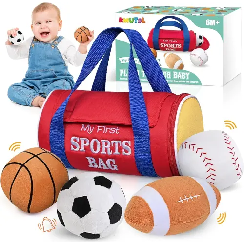 KMUYSL Baby Toys 0-12 Months, My First Sports Bag Plush Toy - 4 Sensory Balls Soft Toys with Crinkle, Rattles for 0-3-6-9-12 Month Newborn Infant, 1st Birthday for Babies Boys Girls Age 1
