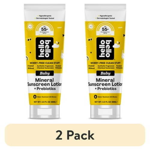 (2 pack) Hello Bello Baby Mineral SPF 55 + Sunscreen Lotion with Prebiotics for Infants, 3.0 fl oz