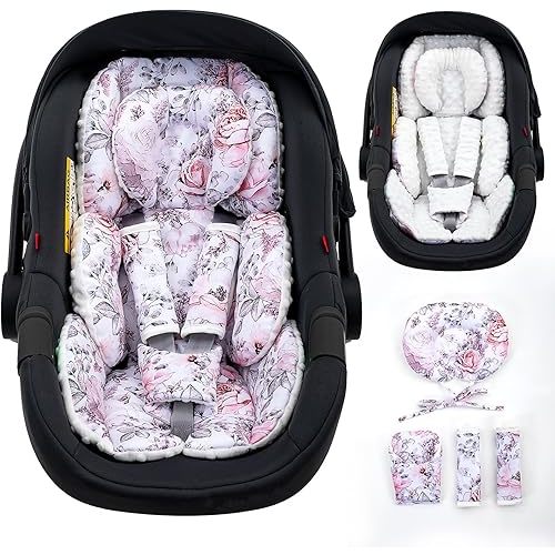Infant Car Seat Insert with Extra Headrest, Adjustable Carseat Head Support for Preemie to Toddler, 2 in 1 Breathable Air Mesh Car Seat Insert for Newborn, Mink Dot Baby Car Seat Cushion for Stroller