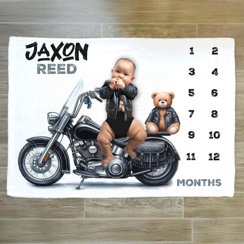 Motorcycle Milestone Blanket, Rock Theme Milestone, Personalized Baby Boy Growth Blanket, Motorcycle Blanket, Custom Name Boy Milestone