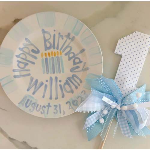 Boys preppy birthday plate // blue candles and stripes // first birthday // blue and white // smash cake // 1st birthday // grand millennial