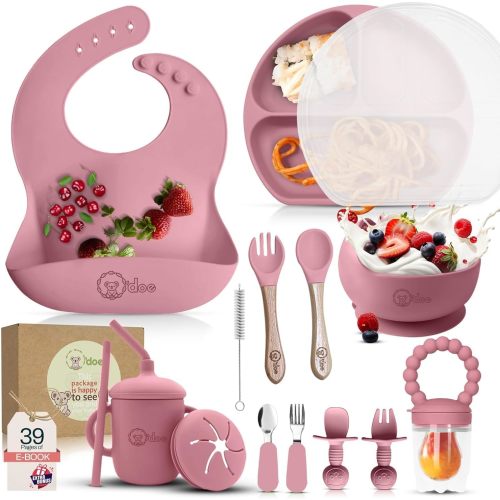 O'doe 17-Piece BPA-Free Silicone Baby Feeding Set | Thick & Soft Suction Plates, Baby Bowls, Wooden Fork & Spoon, and More | Make Mealtime Fun and Easy for Your Little One | Pink, V2