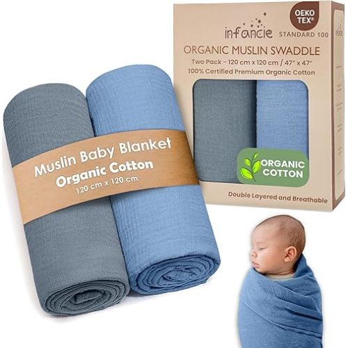 Organic Cotton Muslin Baby Blanket - 47x47 Inch Breathable Swaddle, Hypoallergenic Double-Layer, Versatile Use (Slate/Aquarius)
