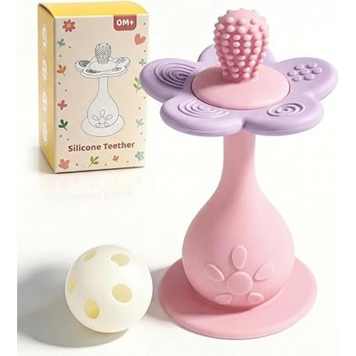 Baby Silicone Flower Teether & Rattle Toys for Babies 0-24 Months, Nipple-Shaped End for Sucking Needs - 360° Toothbrush Teether Head for Sore Gums, Stand-up Base, Flower Texture, Easy to Grip -Pink