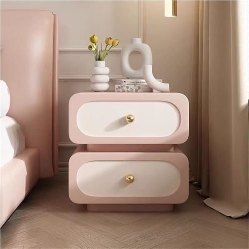 Modern Night Stand, Solid Wood Bedside Table with Storage Drawers, Side Table with Storage Cabinet, Nightstand with Leather Surface, Night Stands with 2 Storage Drawers(Pink,45cm-17.7in)