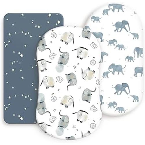 Stretchy Ultra Soft Fitted Bassinet Sheets Set 3 Pack, Universal Fit for Bassinets Baby Cradle Moses Basket Oval Rectangle Mattress Safe and Snug, Stylish Bassinet Sheet of Elephant Print