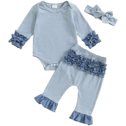 Newborn Baby Girl Clothes Ruffles Striped Long Sleeve Romper Bodysuit Elastic Pants Set Cute Fall Winter Outfits