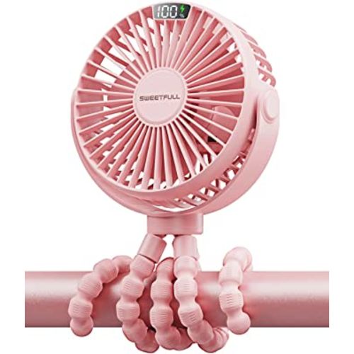 SWEETFULL Portable Stroller Fan, LED Display 6000mAh Battery Operated Mini Clip Fan, 4 Speed Rechargeable Small Personal Fan Handheld Desk Cooling Fan For Car Seat Crib Treadmill Travel(Pink)