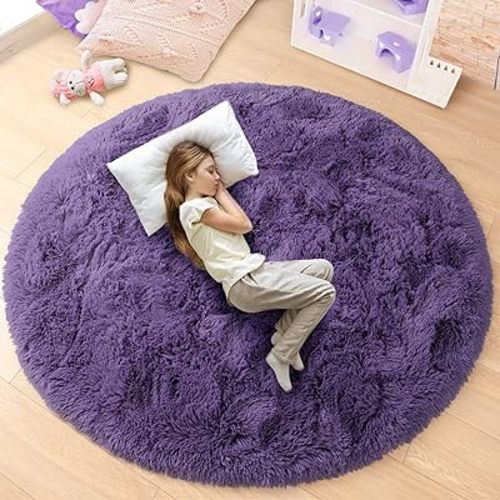 junovo Round Rug 5x5 Feet Fluffy Soft Area Rugs for Kids Girls Room Princess Castle Plush Shaggy Carpet Cute Circle Nursery Rug for Kids Girls Bedroom Baby Room Home Decor Circular Carpet, Grey-purple