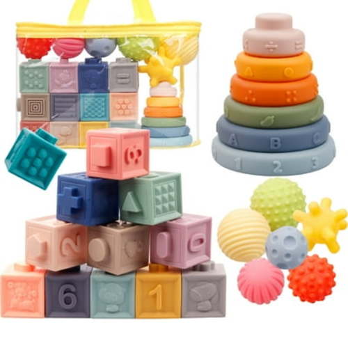Iflove Montessori Baby Learning Toy Set, Stacking Blocks, Rings, Balls, Sensory & Teething Toys for 0-3 Years Old