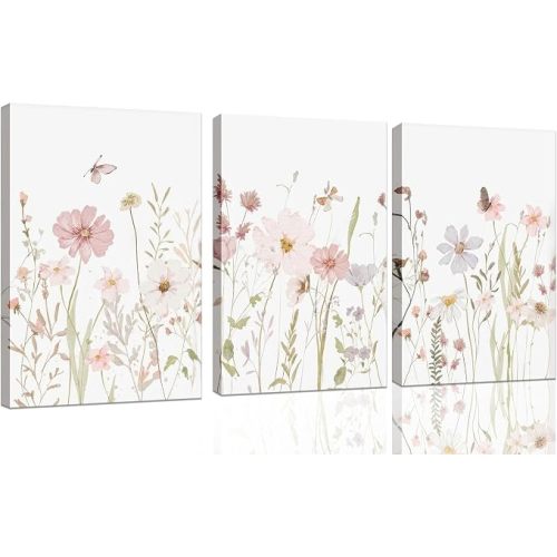 3Pcs Watercolor Wildflower Wall Art Botanical Nursery Canvas Prints Vintage Floral Pictures Flower Paintings Girls Nursery Pictures Pink Wall Decor for Living Room Bedroom Framed