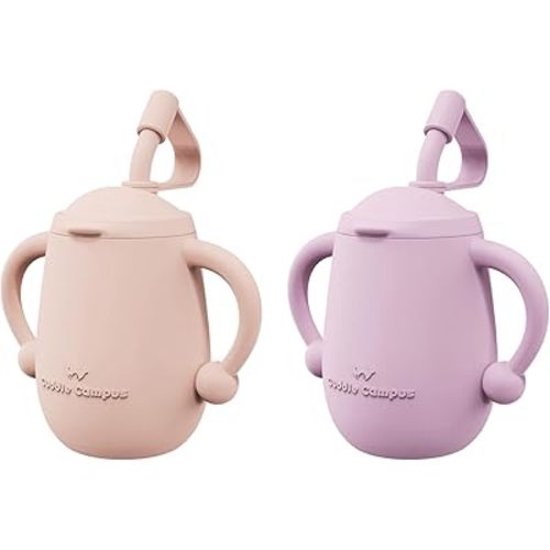 Cuddle Campus Pack of 2 Silicone Baby Training Cup, Shatterproof Toddler Sippy Cups with Straw, Open Cup for Baby, 6+ Months 5 Oz
