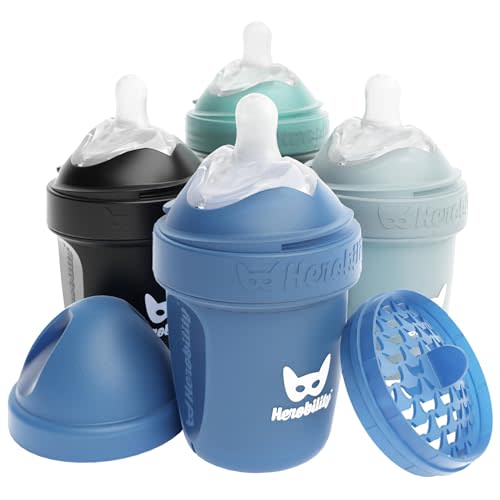 Herobility Double Anti-Colic Baby Bottles – 5 fl oz/140ml – 4-Pack – Multicolor – Denim, Black, Dusky Green, Gray