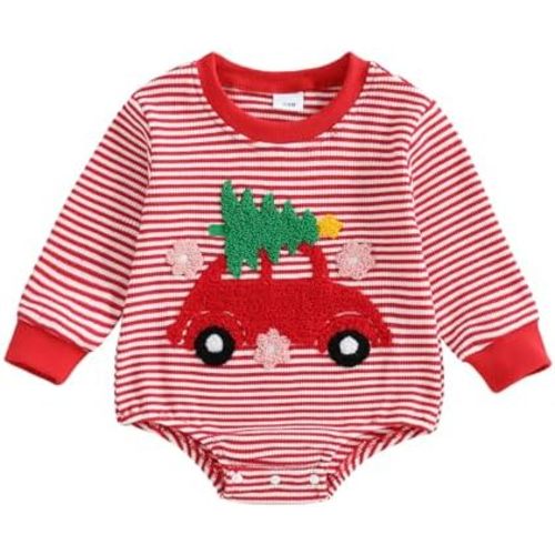 Newborn Baby Girl Christmas Outfit Santa/Tree Striped Waffle Knit Romper Bodysuit Infant Fall Winter Clothes Headband