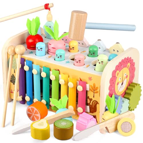 Lterfear 9 in 1 Montessori Toys for 1 Year Old, Wooden Hammering Pounding Toy Whack A Mole Game for Toddlers with Xylophone Toddler Activities for Baby 1 2 3 Year Old Girl Boy Birthday Gift