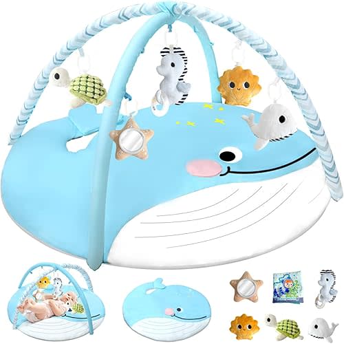 Baby Play Gym Mat, Tummy Time Mat with 6 Detachable Toys,Washable Baby Activity Play Mat for Hearing,Visual, Sensory, Motor Development, Easy to Install & Clean, Baby Essentials Gift
