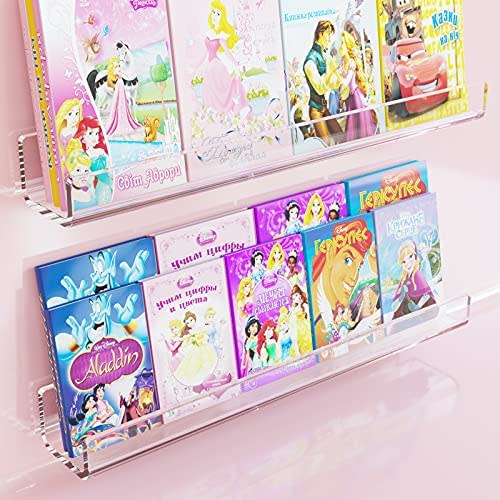 Acrylic Bookshelf, ILYXY 2 Pack 24 Inch Wall Mounted Floating Bookshelf for Kids, Clear Wall Mounted Nursery Bookshelves, Invisible Bathroom Shelves 50% Thicker with 8 Free Screw Sets