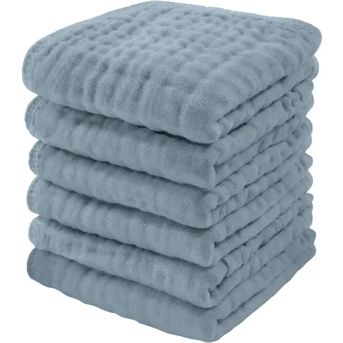 Comfy Cubs Muslin Baby Washcloths 6 Pack - Soft 6-Layer Cotton Wash Cloths for Sensitive Skin - 10"x10" Large, Gentle, Absorbent Infant Essentials for Newborn and Toddlers - (Pacific Blue)