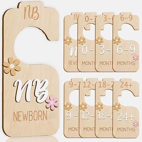 Baby Closet Divider - 3D Double-Sided Wooden Baby Wardrobe Baby Closet Organizer,Daisy design Nursery Decor Clothes Hanger Dividers for Sorting 8 Sizes from Newborn to 24+ Months