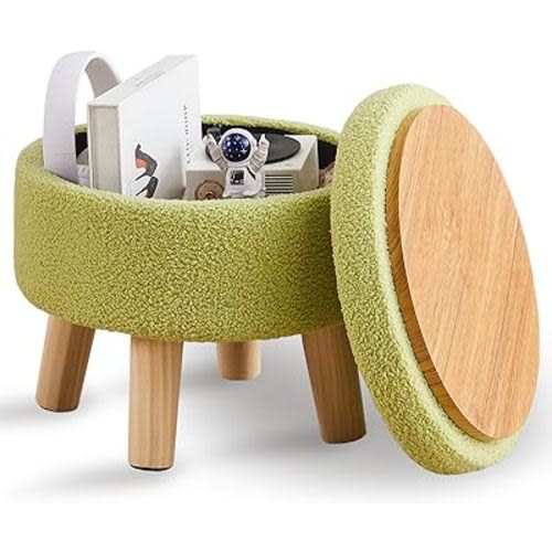 Wimarsbon Storage Ottoman, Modern Round Footrest with Soft Padded Seat, Teddy Velvet Footstool with Wood Legs, Accent Small Table or Plant Stand for Hallway, Living Room (Brilliant Green)