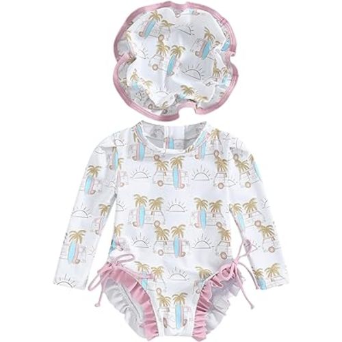 Toddler Baby Girl Cute Rash Guard Floral Long Sleeve Zipper Swimsuits Summer Beach Bathing Suits