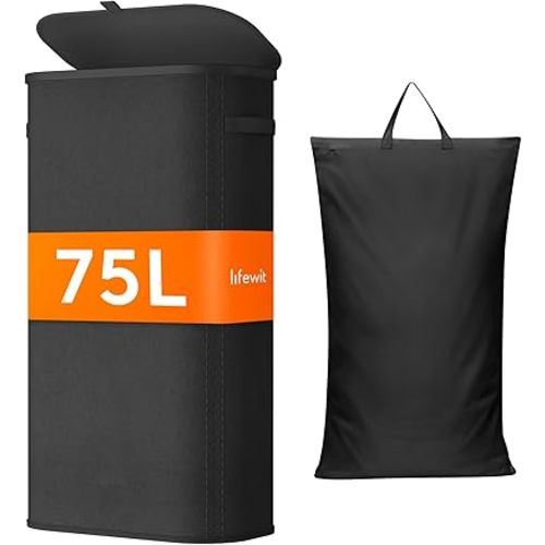 Lifewit 75L Slim Laundry Basket with Lid, Narrow Large Laundry Hamper with Plastic Handles and Removable Bag, Tall Foldable Dirty Clothes Hampers for Laundry Room, Bedroom, Bathroom, Dorm, Black