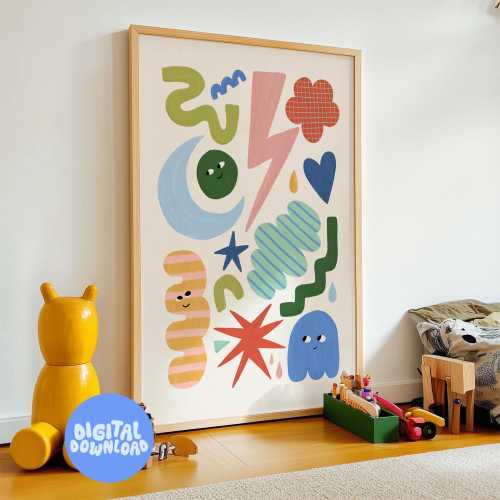 Abstract Nursery Art Print: Modern Shapes, Moon & Lightning (Digital Download)