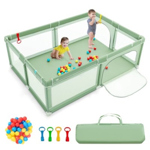 Costway Baby Playpen Extra-Large Safety Baby Fence w/50 Ocean Balls, Color: Green