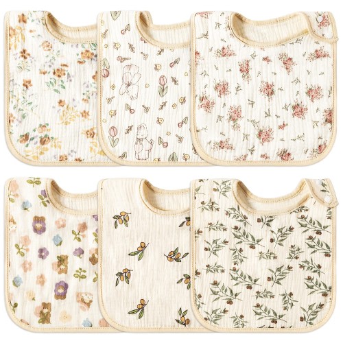 Zainpe 6Pcs Snap Muslin Cotton Baby Bibs Flowers Rabbits Patterns Infants Drool Cloth Soft Absorbent Adjustable Burp Cloths Feeding Bib for Newborns Girls Boys Toddlers Teething Eating 0 to 36 Months
