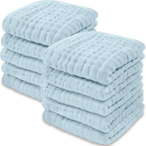 Baby Washcloths, Muslin Cotton Baby Towels Large 10”x10” Wash Cloths Soft on Sensitive Skin, Absorbent for Boys & Girls, Newborn & Toddlers Bibs & Burp Cloths Essentials Set (Sky Blue, Pack of 10)