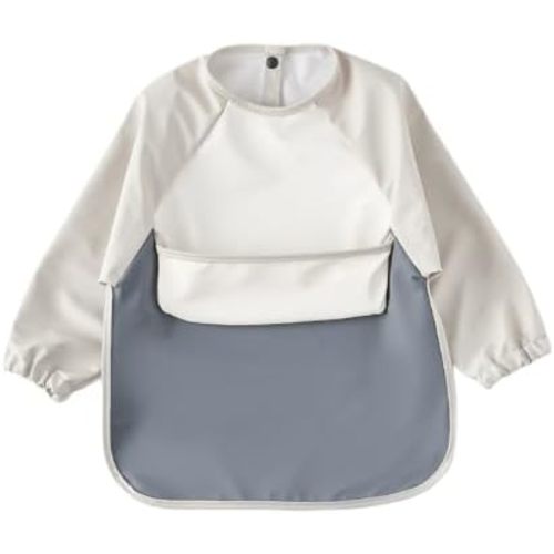 GZMM Waterproof Baby Bibs,Infant Toddler Long Sleeve Feeding Bib With Food Catcher,Wipe Clean & Washable