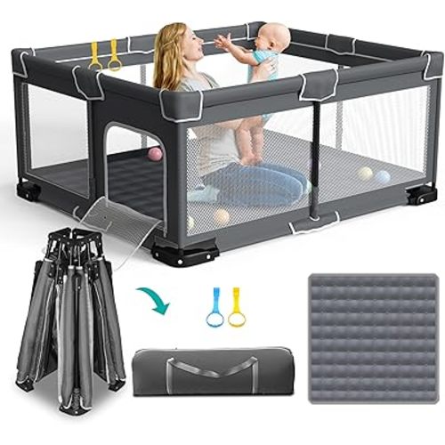 Foldable Playpen for Babies and Toddlers, 59x71 Inches Portable Playpen, Kids Collapsible Play Pen with 2 Handlers, Indoor & Outdoor Baby Fence Play Area with Visible Mesh, Dark Gray