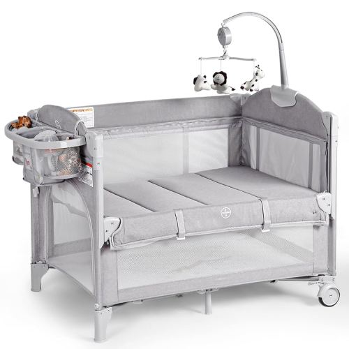 Baby Bassinets Bedside Sleeper, 4 in 1 Portable Bedside Crib w/Thickened Mattress, Diaper Changer, Storage Basket, Music Box, Carry Bag, Foldable Playard Sleeper for Newborn (Light Gray)