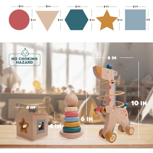 3-in-1 Wooden Montessori Toys for 1+ Year Old - Wooden Toys for Toddlers 1-3 - Learning Toys for 1 + Year Old - Wooden Baby Toys - Montessori Toys for 2 Year Old - Set 1
