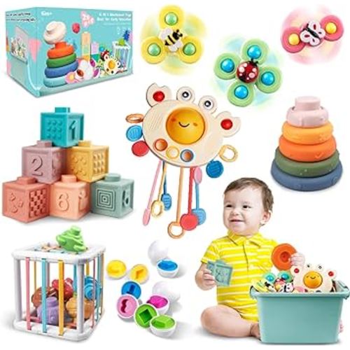 Baby Toys for 6 to 12 Months, Montessori Sensory Bins Toys for Toddlers 1-3, Pull String Teether Infants Bath Toys 6 in 1 Stacking Blocks Rings, Matching Eggs, Suction Cup Spinner Toy