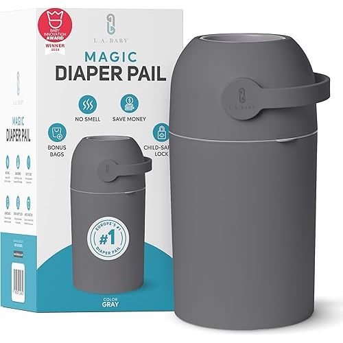 Magic Diaper Pail - Patented 100% Odor-Free System with Child-Safe Lock - Award-Winning Design - No Refills Required - Works with Regular Trash Bags - Gray